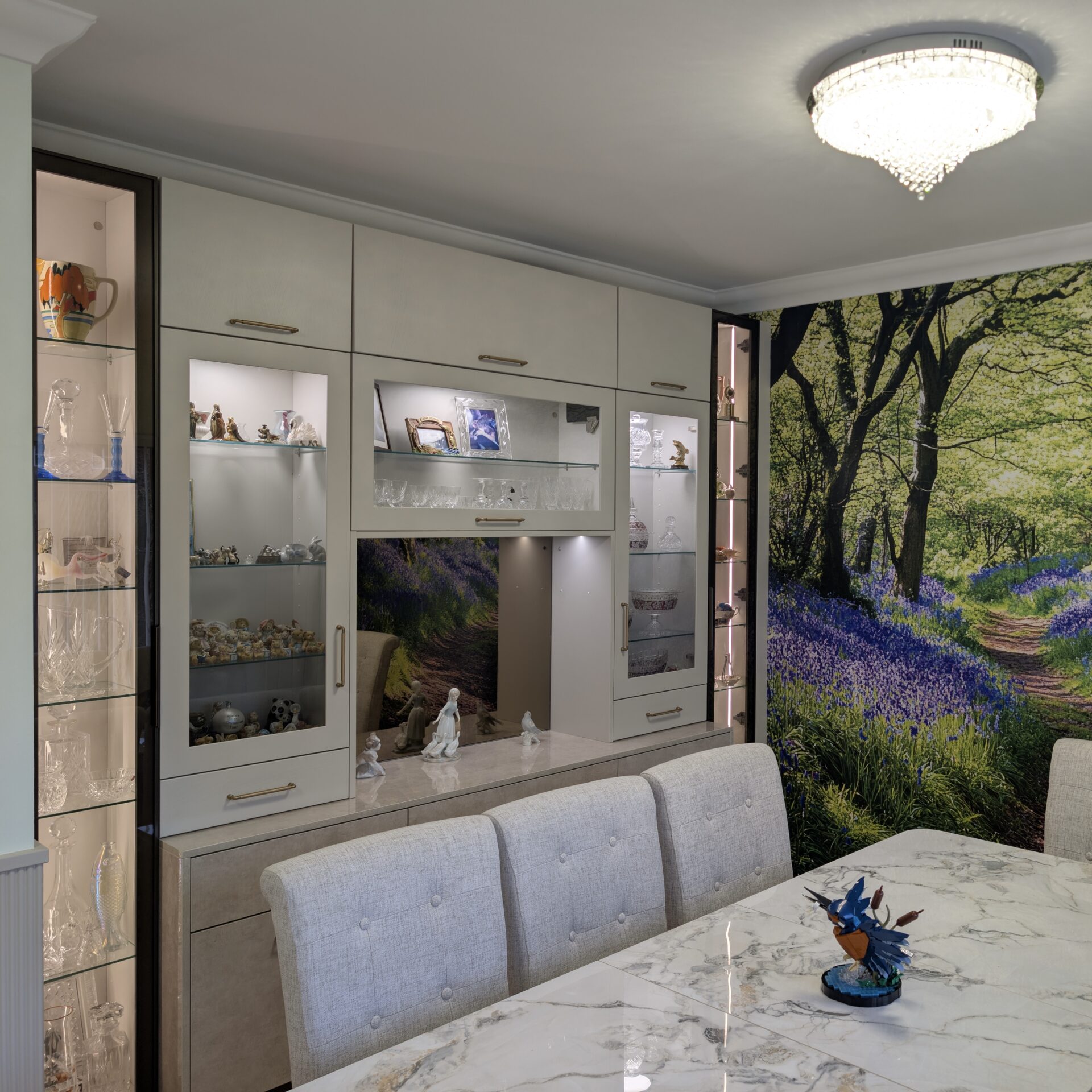 Dining Room Dresser Unit with Mirror Splashback and Glass Doors in White 2