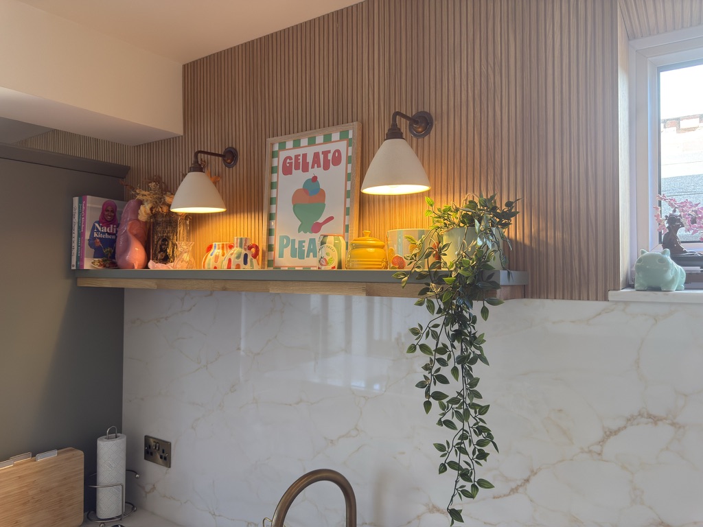 Feature kitchen shelf with reeded oak wall panelling and lights stony stratford. Shelf in kitchen with wall lights