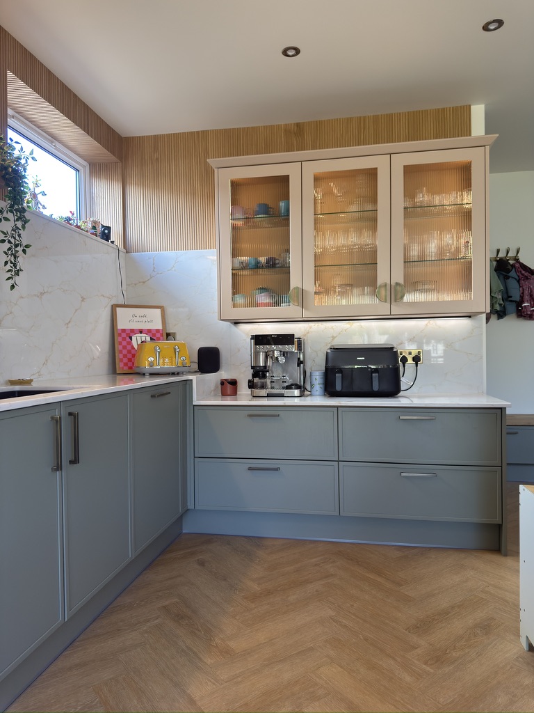 Kitchen coffee breakfast bar prep station green pastel contemporary shaker Kitchen with coffee prep area