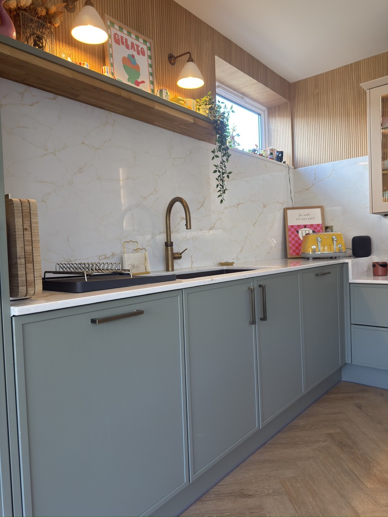 Reed sage green wood open calm kitchen milton keynes Sage green family kitchen